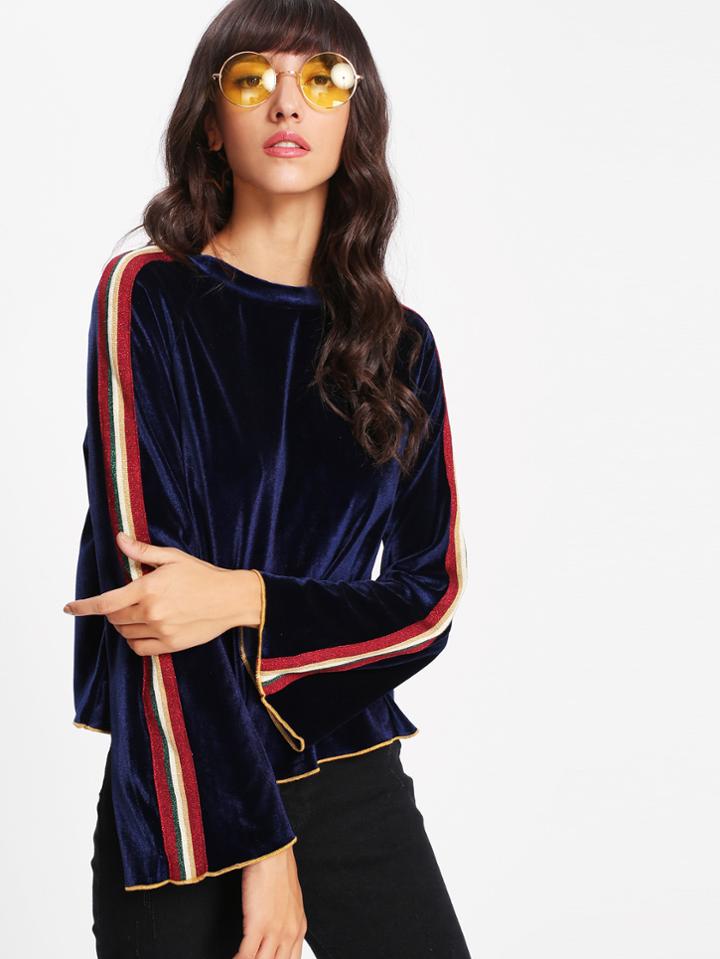 Romwe Striped Tape Detail Bell Sleeve Velvet Tee