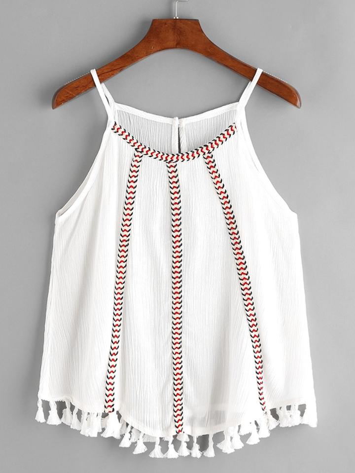Romwe White Embroidered Tape Detail Tassel Hem Cami Top
