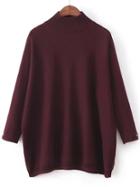 Romwe Burgundy Mock Neck Patch Detail Loose Sweater