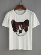 Romwe White Cat Print T-shirt