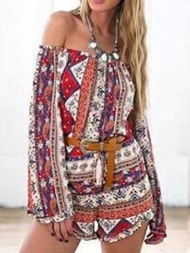 Romwe Off The Shoulder Bell Sleeve Print Drawstring Color Romper