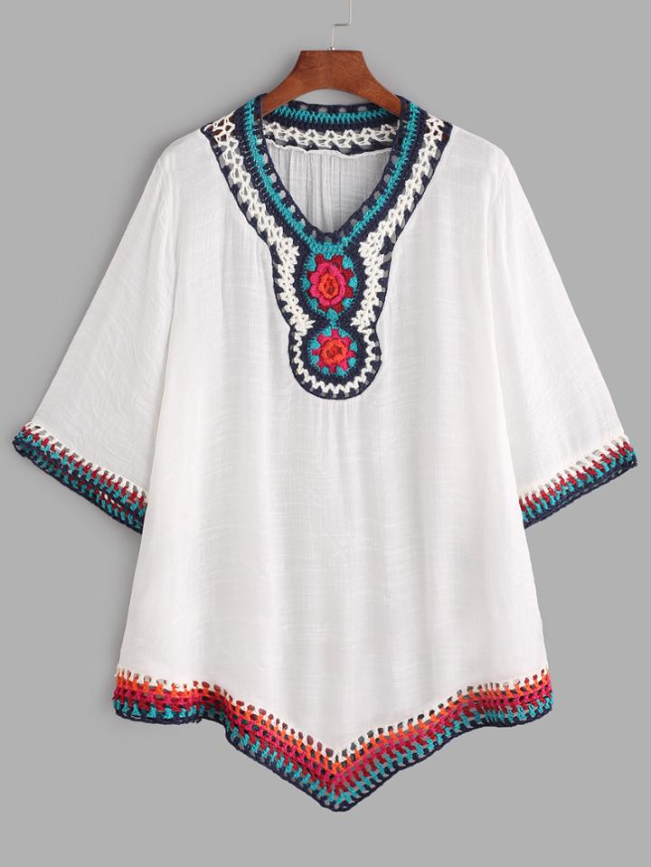 Romwe White Crochet V Neck Hollow Out Blouse