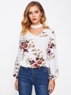 Romwe Dual V Cut Choker Neck Lantern Sleeve Floral Top