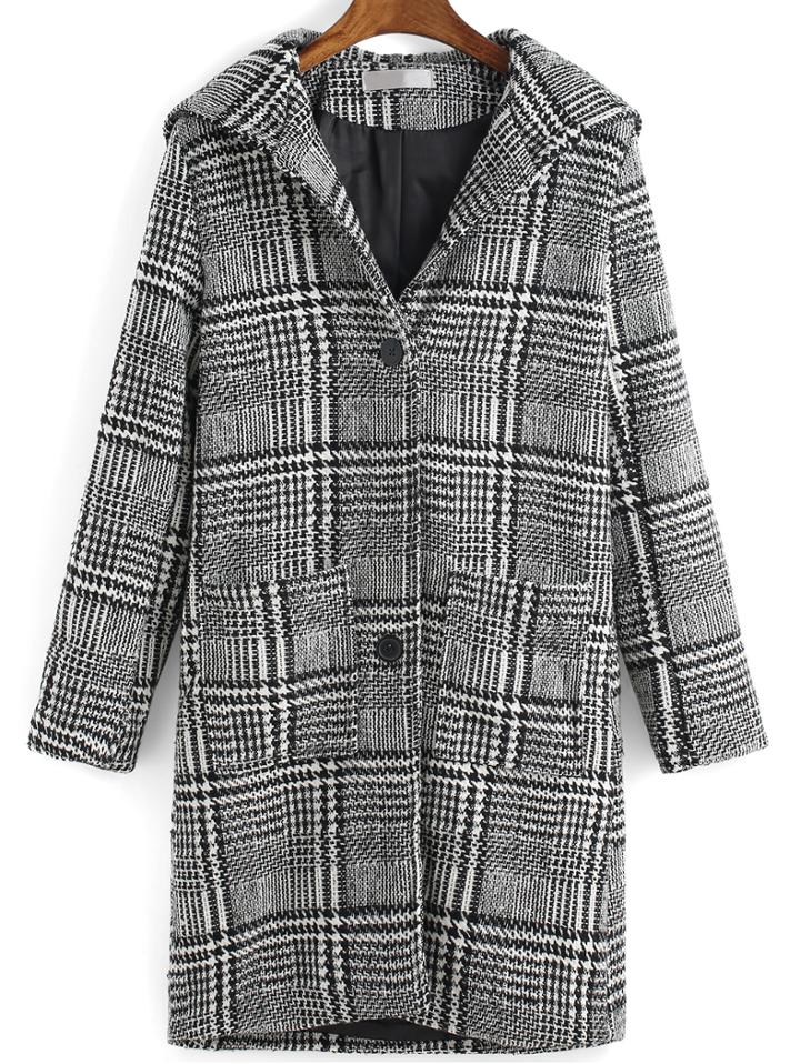 Romwe Hooded Plaid Pockets Long Coat
