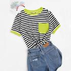 Romwe Neon Green Pocket Patched Striped Ringer Tee