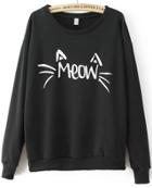Romwe Meow Cat Print Loose Black Sweatshirt