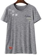 Romwe Grey Letter Heart Embroidery Casual T-shirt