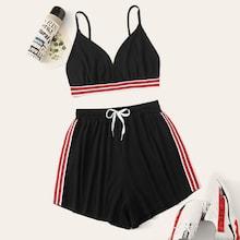Romwe Plus Contrast Striped Cami Top With Knot Shorts