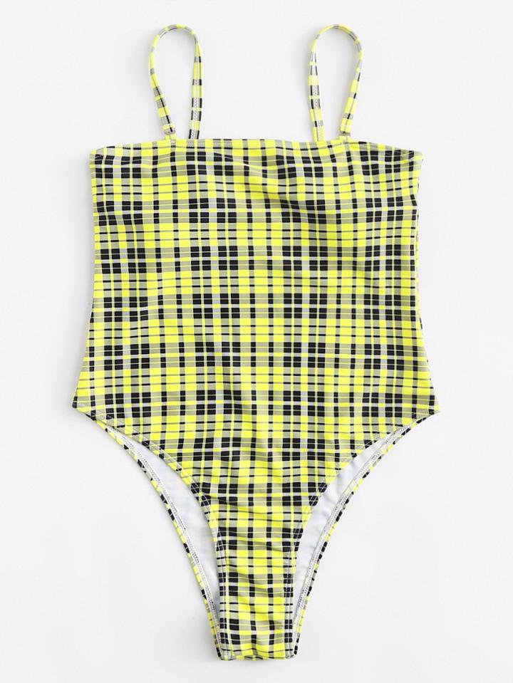 Romwe Adjustable Straps Plaid Swimsuit