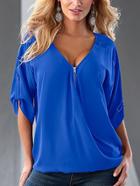 Romwe Zip Front Rolled Sleeve Blouse - Blue