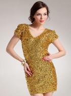 Romwe V Neck Sequined Bodycon Gold Dress