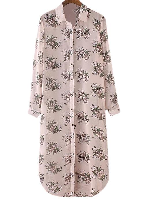 Romwe Multicolor Buttons Front Flowers Print Chiffon Shirt Dress