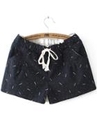 Romwe Drawstring Leaves Print Navy Shorts