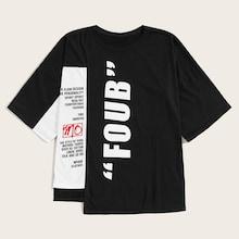 Romwe Guys Cut And Sew Panel Slogan Print Tee