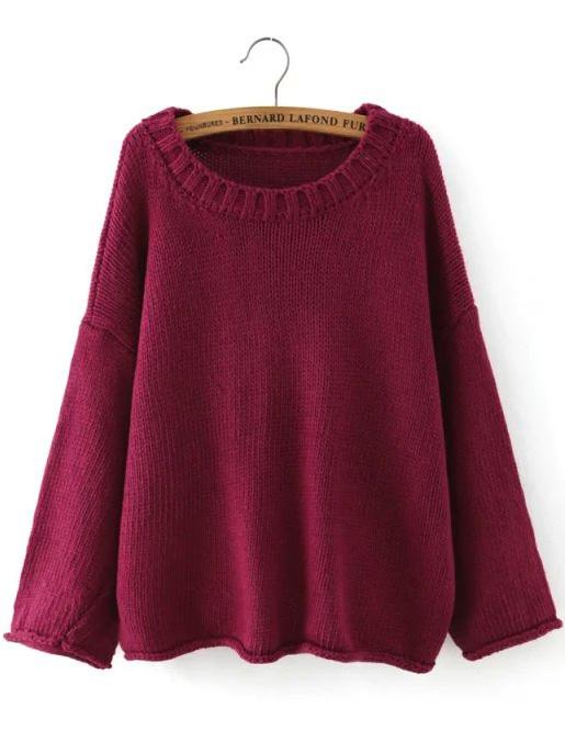 Romwe Round Neck Loose Burgundy Sweater