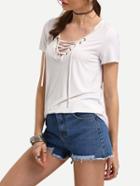 Romwe White Lace-up Front Short Sleeve T-shirt