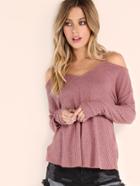 Romwe Pink Waffle Knit Cold Shoulder T-shirt