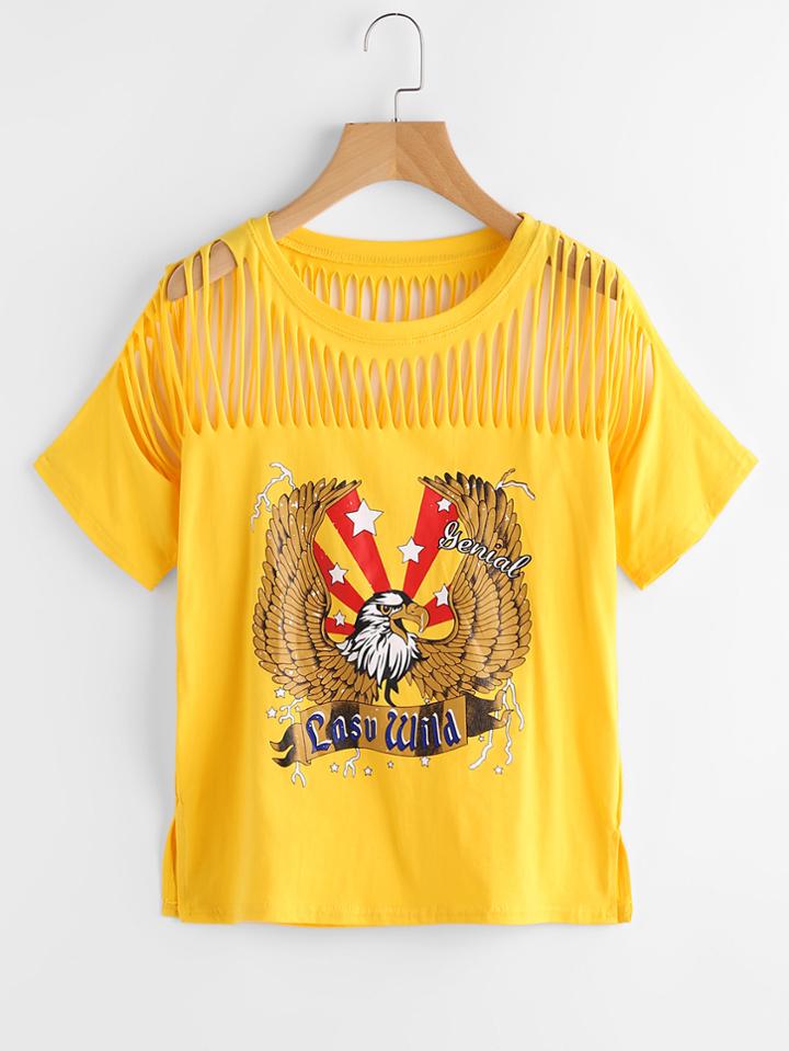 Romwe Eagle Print Side Split Cut Out Tee
