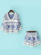 Romwe Blue White V Neck Floral Sweater With Shorts