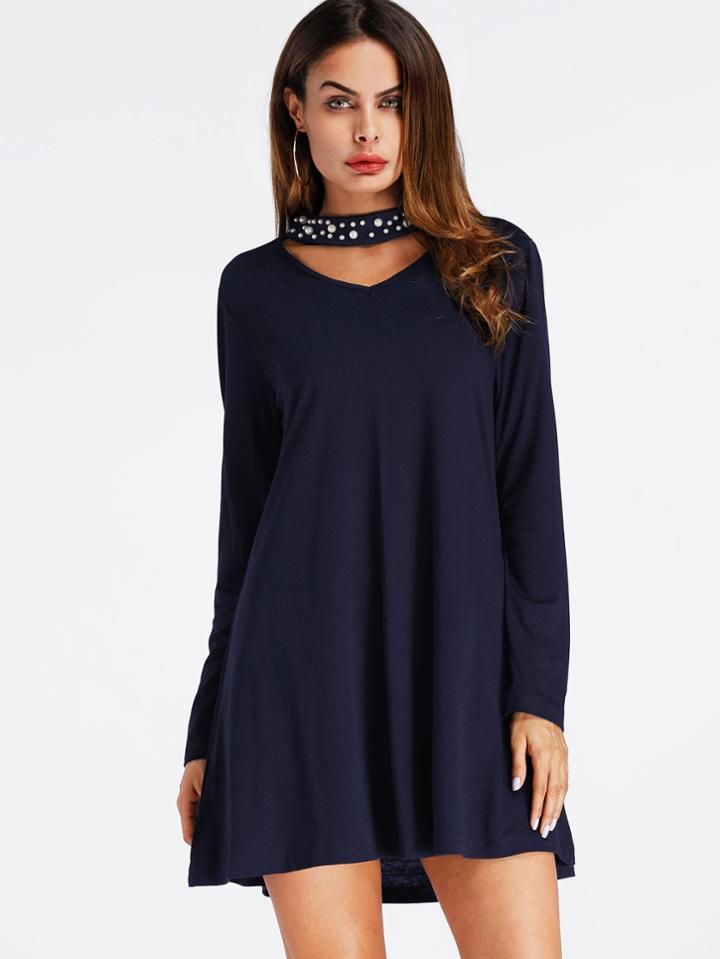 Romwe V Cut Pearl Beaded Shift Dress
