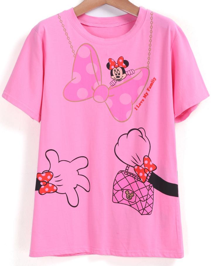 Romwe Bow Minnie Print Loose Pink T-shirt