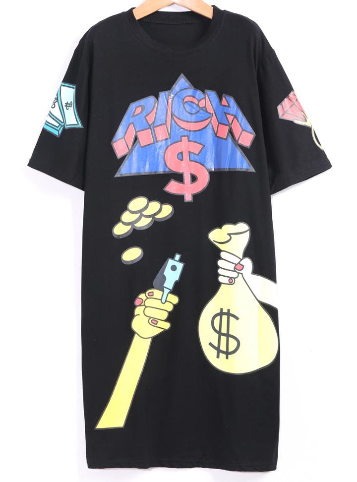 Romwe Money Print Black T-shirt