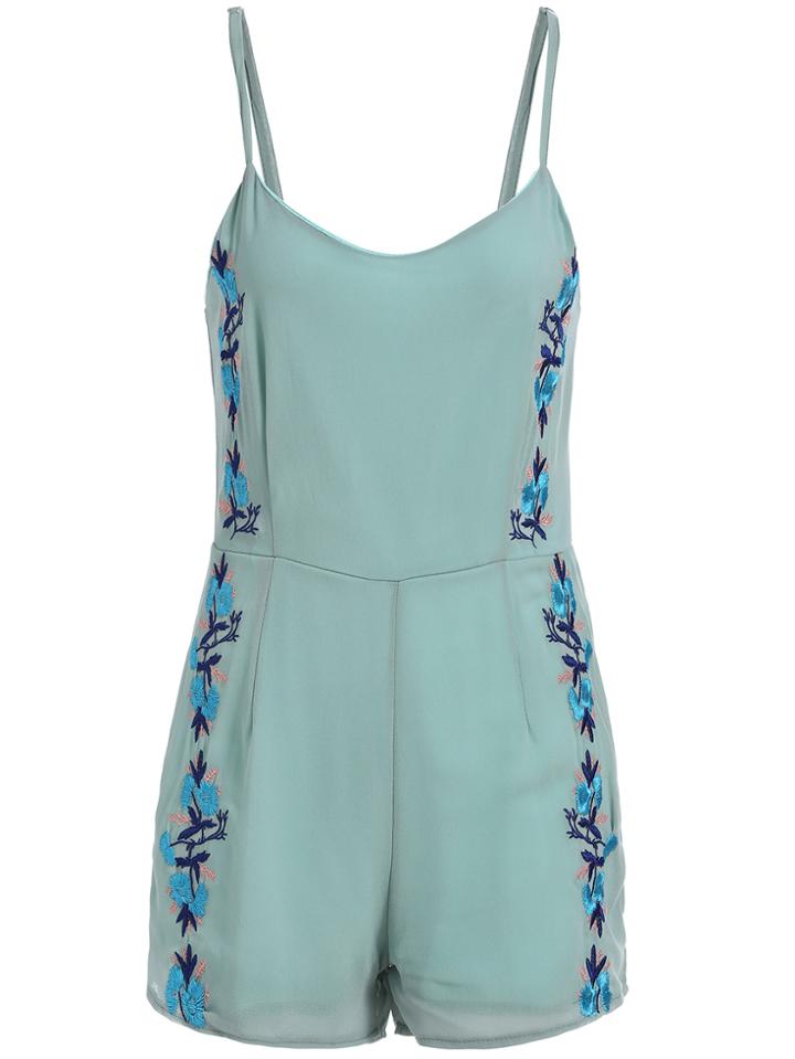 Romwe Spaghetti Strap Embroidered Green Romper