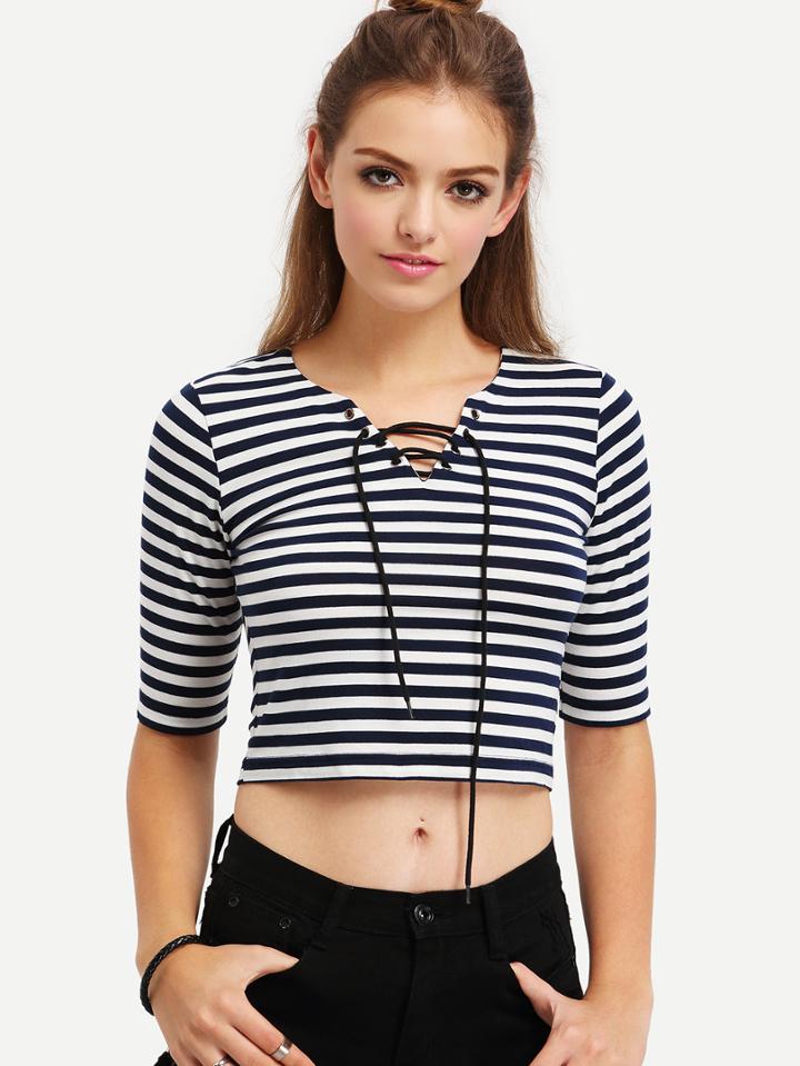 Romwe Black White Striped Lace Up T-shirt