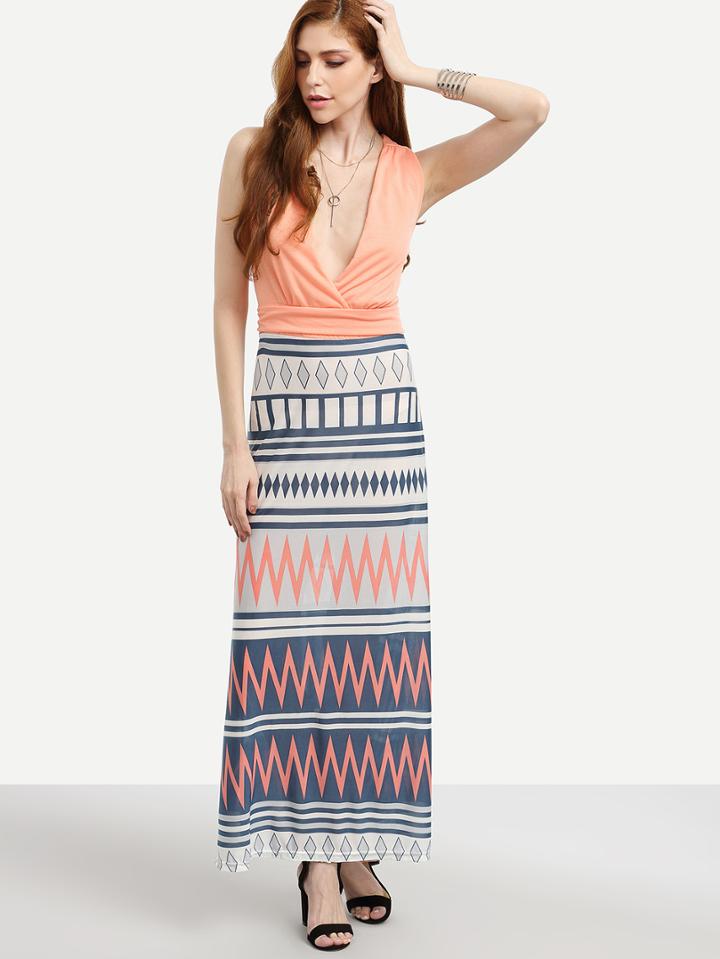 Romwe Multicolor Geometric Print Cross Self Tie Dress