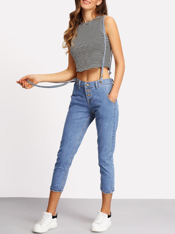 Romwe Detachable Straps Pocket Jeans