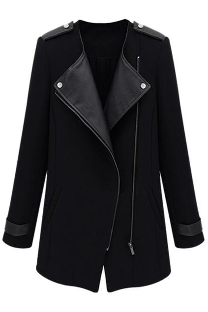 Romwe Romwe Panel Faux Leather Long Sleeved Black Coat