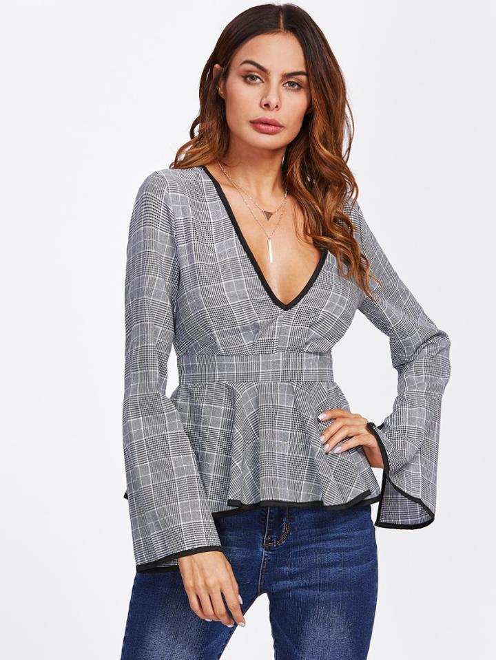 Romwe Contrast Binding Plaid Plunging Peplum Top