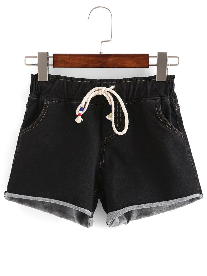 Romwe Drawstring Waist Rolled Hem Black Denim Shorts