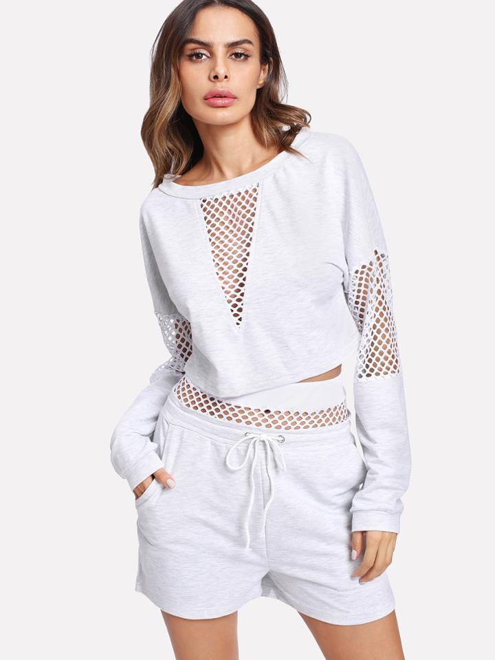Romwe Fishnet Panel Crop Pullover With Shorts