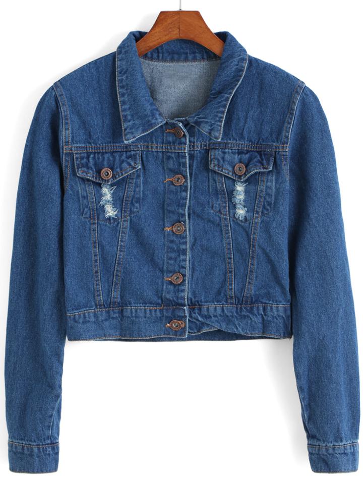 Romwe Lapel Ripped Denim Crop Coat