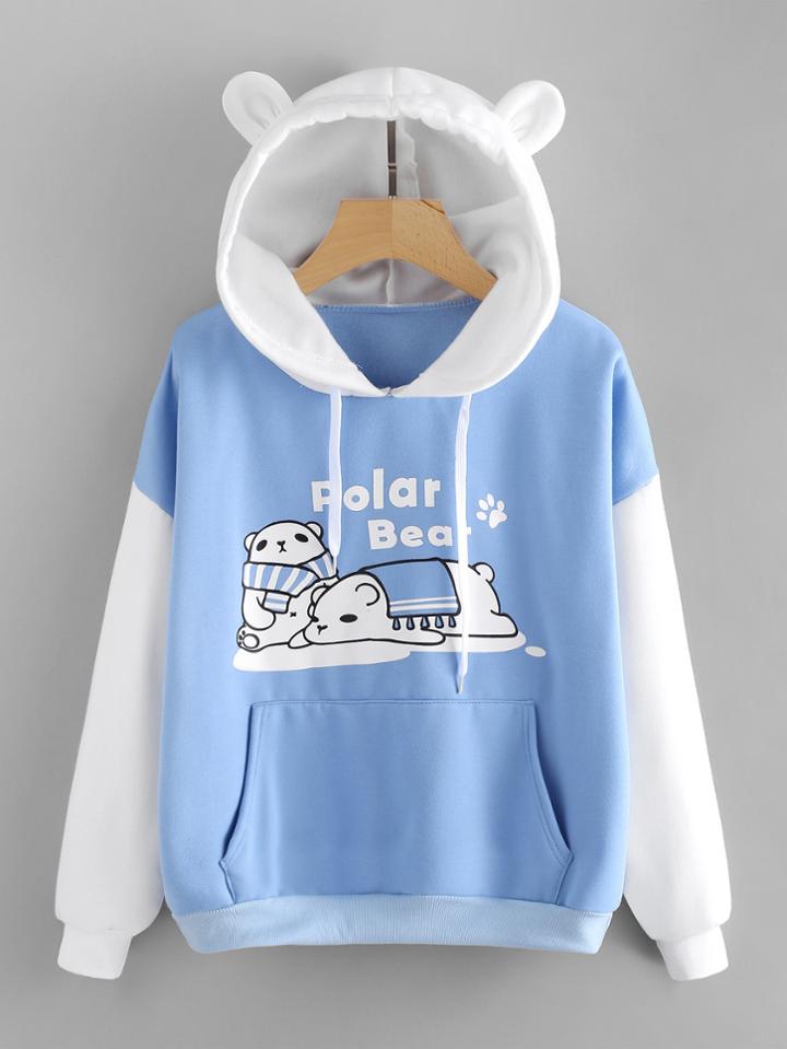 Romwe Polar Bear Print Kangaroo Pocket Hoodie