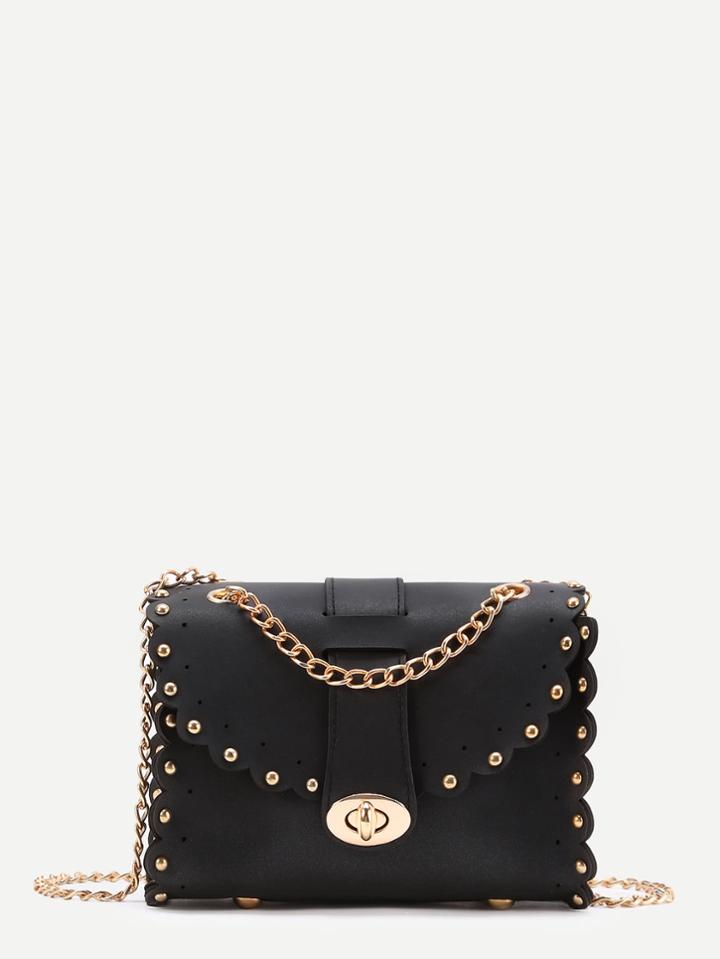 Romwe Studded Detail Scalloped Trim Pu Chain Bag