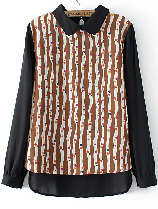 Romwe Vertical Stripe Polka Dot Dip Hem Coffee Blouse