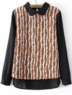 Romwe Vertical Stripe Polka Dot Dip Hem Coffee Blouse