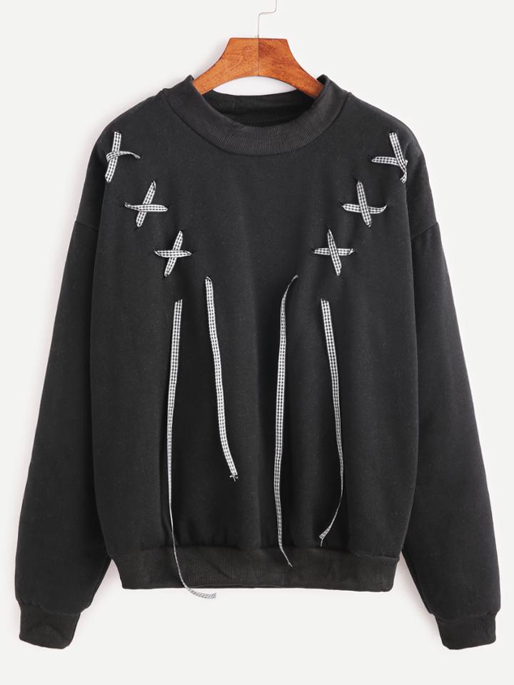 Romwe Black Dropped Shoulder Seam Lace Up Front Sweatshirt