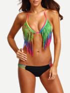 Romwe Colorful Fringe Ladder-cutout Halter Bikini Set