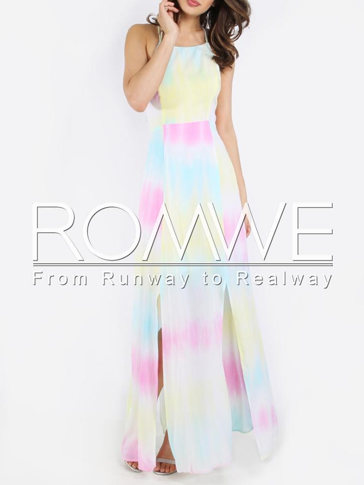 Romwe Rainbow Criss Cross Back Maxi Dress