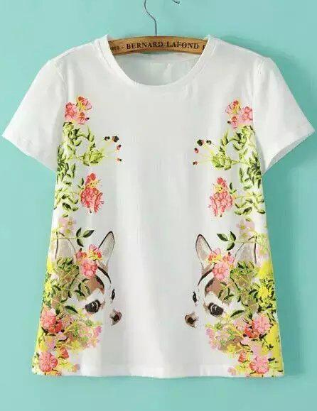 Romwe Dog Floral Print White T-shirt