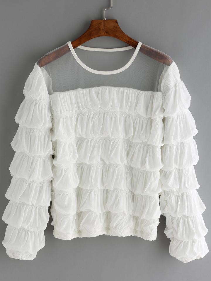 Romwe Long Sleeve Pleated White Blouse