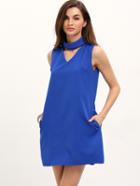 Romwe Blue Mock Neck V Front Zipper Back Shift Dress