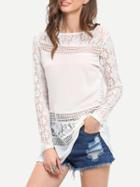 Romwe White Long Sleeve Floral Crochet Lace Blouse