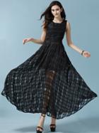 Romwe Black Sleeveless Embroidered Organza Dress