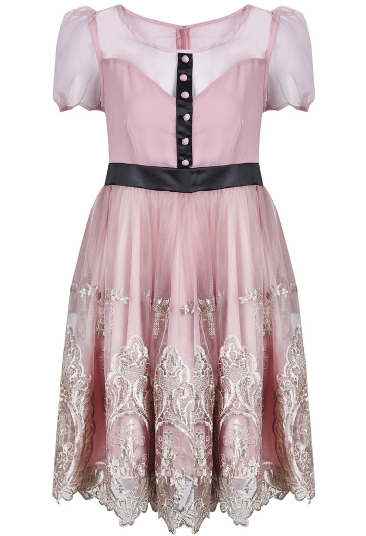 Romwe Pink Short Sleeve Embroidered Gauze Dress