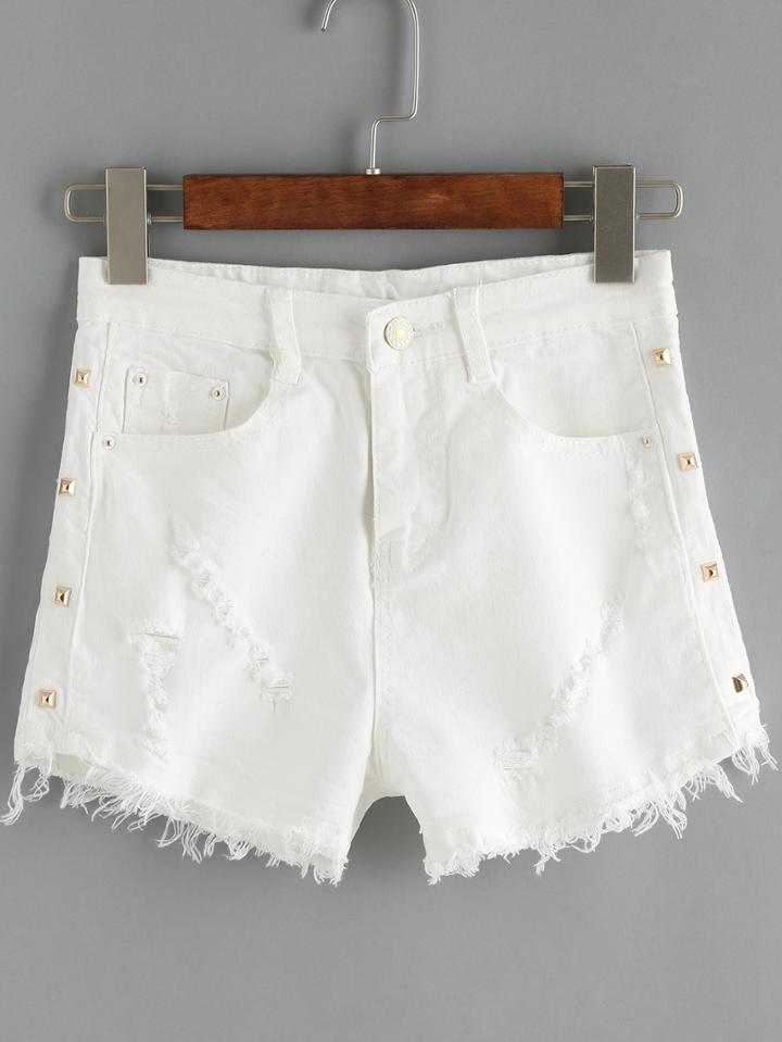 Romwe Ripped Frayed Denim Studded Shorts