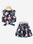 Romwe Floral Leaf Print Random Cut Out Zip Up Back Top With Skirt